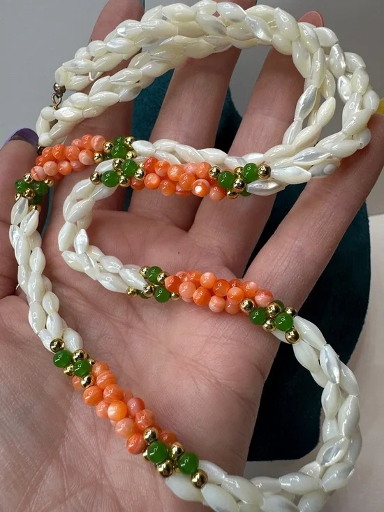 Vintage Mother Of Pearl Angel Skin Coral & Jade Bead Braided Necklace - Picture 6 of 8